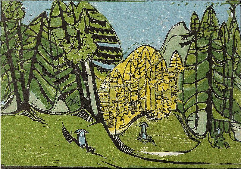 Forest-cemetery - Colour-wood-cut - 35 - 50 cm - Kirchner Museum Davos, Ernst Ludwig Kirchner
